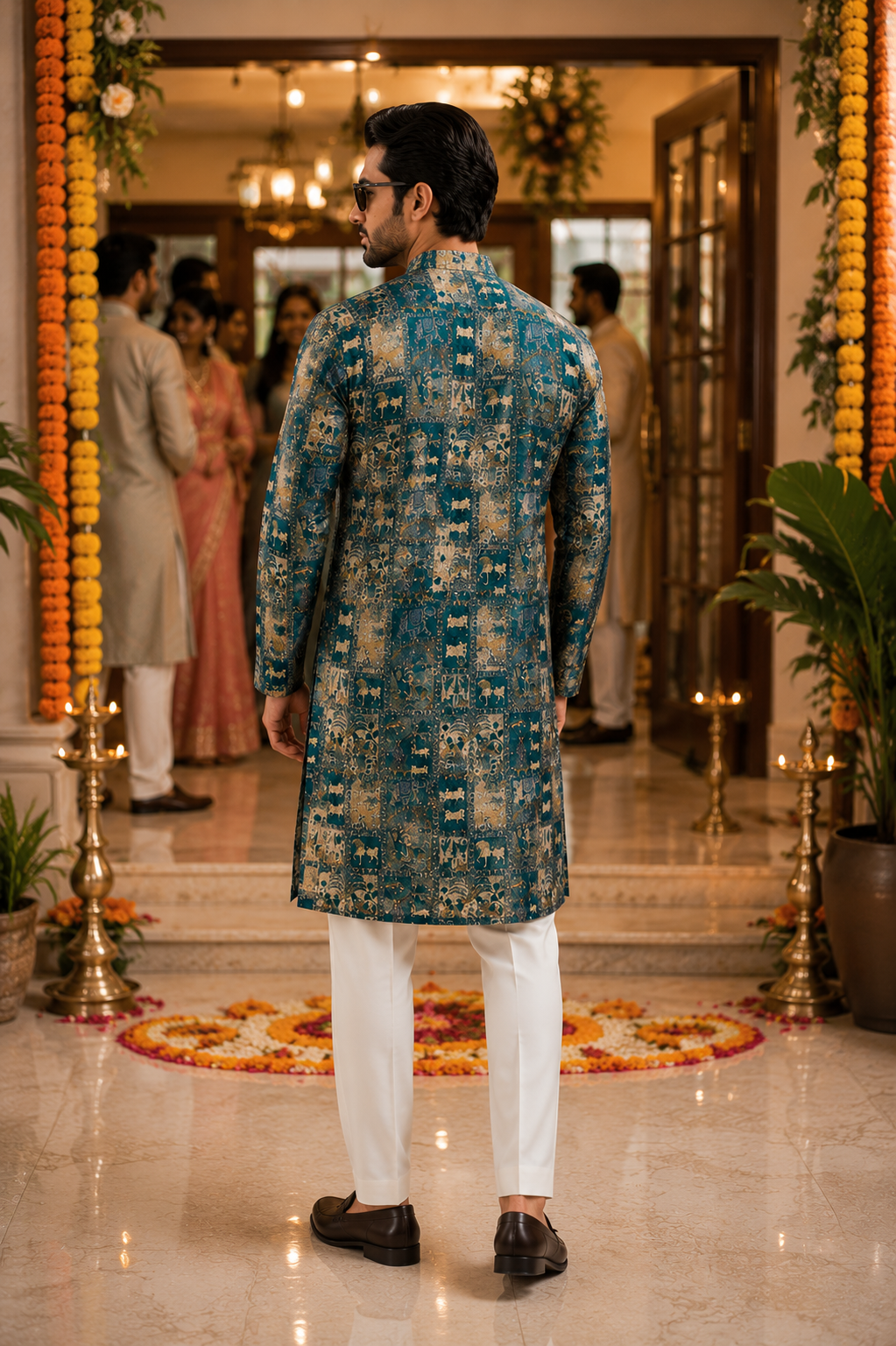 ShreeVastram Emerald Mythological Motif Brocade Kurta Set